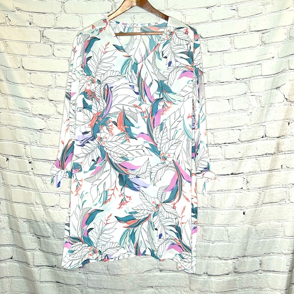 Apana Tropical White Long Sleeve Sheer Swimsuit Resort Cover-Up Size Large